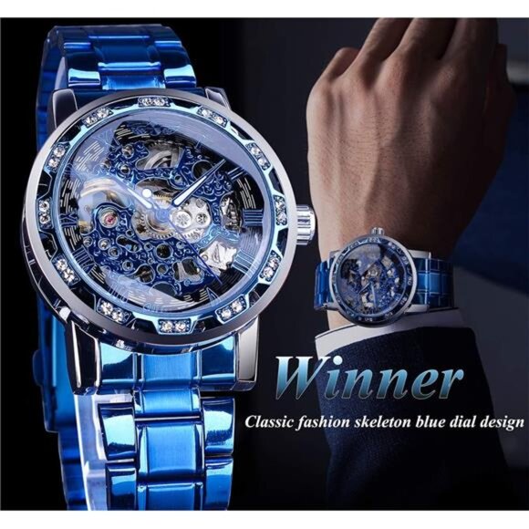Retro Manual Mechanical Skeleton Watch with Diamond and Carving Flower Craft Men - Picture 3 of 7